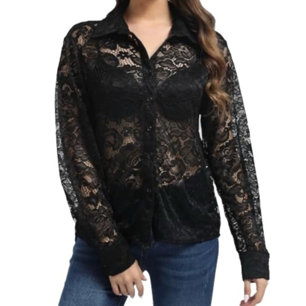 Express | The Portofino Shirt Black Lace Button-Up Blouse
